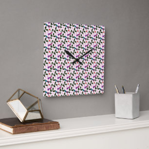 Horloge Carrée Tapisserie à motif floral continu d'oiseau coloré