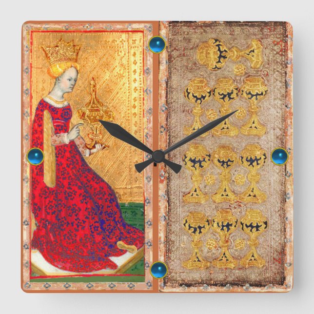 HORLOGE CARRÉE TAROT DE RENAISSANCE ANTIQUE/ DIX ET REINE DE COUP (Recto)