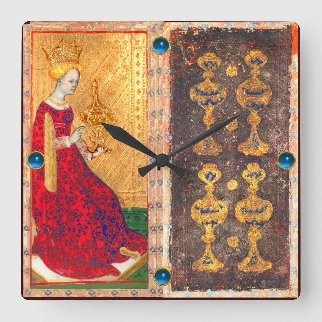 HORLOGE CARRÉE TAROT DE RENAISSANCE ANTIQUE/ QUATRE ET REINE DE T (Recto)