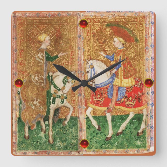 HORLOGE CARRÉE TAROTS ANCIENS/ DAME DE PIÈCES ET CHEVALIER DE COU (Recto)