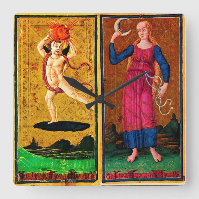 HORLOGE CARRÉE TAROTS DE RENAISSANCE ANTIQUE / LE SOLEIL ET LA LU (Recto)