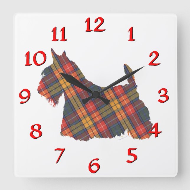 Horloge Carrée Tartan Buchanan du Terrier Écossais (Recto)
