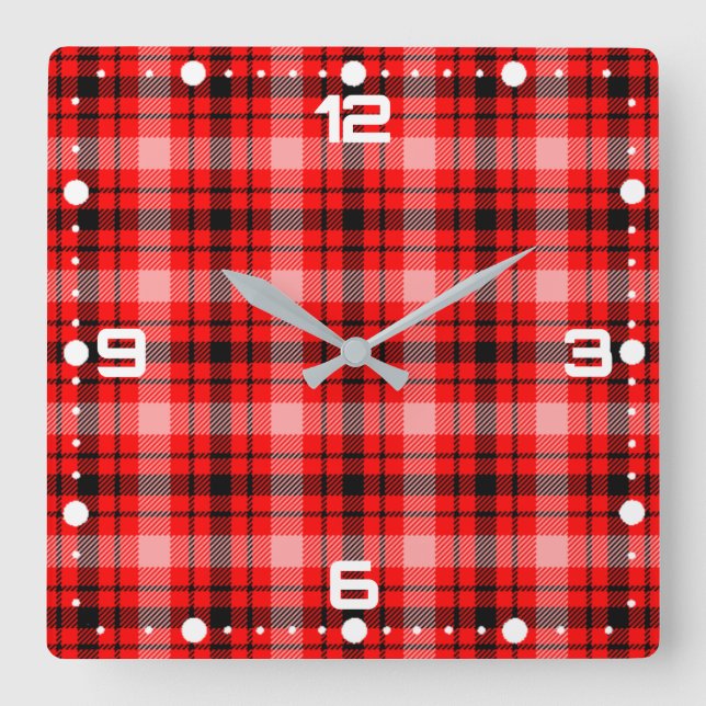 Horloge Carrée Tartan noir rouge À damiers Motif plaid-24899 (Recto)