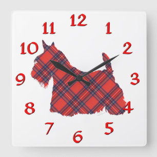 Horloge Carrée Tartan Stewart du Terrier Écossais
