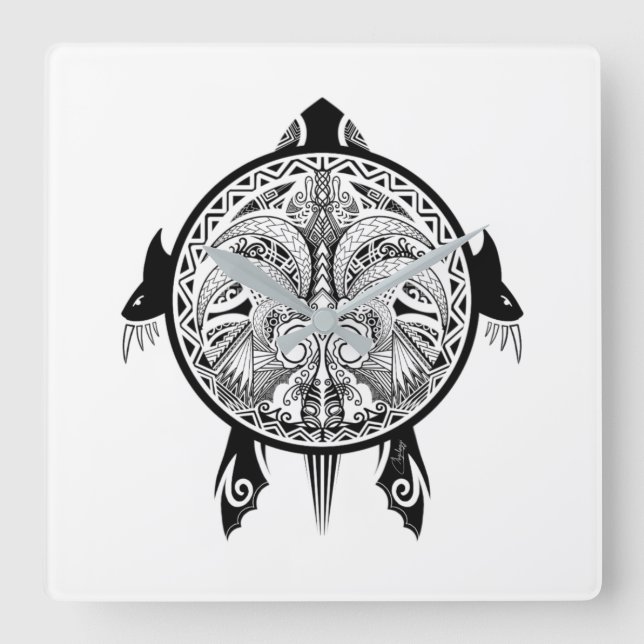 Horloge Carrée Tatouage de Tribal Turtle Shield (Recto)