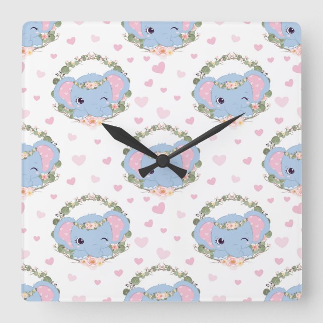 Horloge Carrée Tatouage d'éléphant et de fleurs (Recto)
