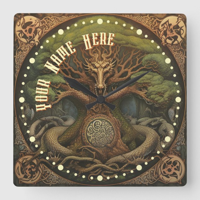 Horloge Carrée Tatouage Dragon Inspiré Art Viking Celtique (Recto)