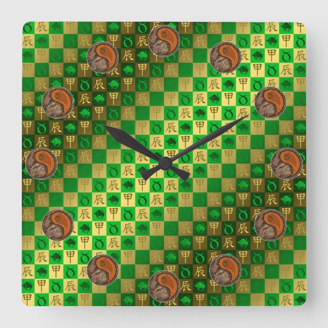 Horloge Carrée Taureau & Dragon de Bois (Recto)