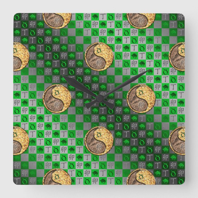 Horloge Carrée Taureau & Lapin de Feu (Recto)