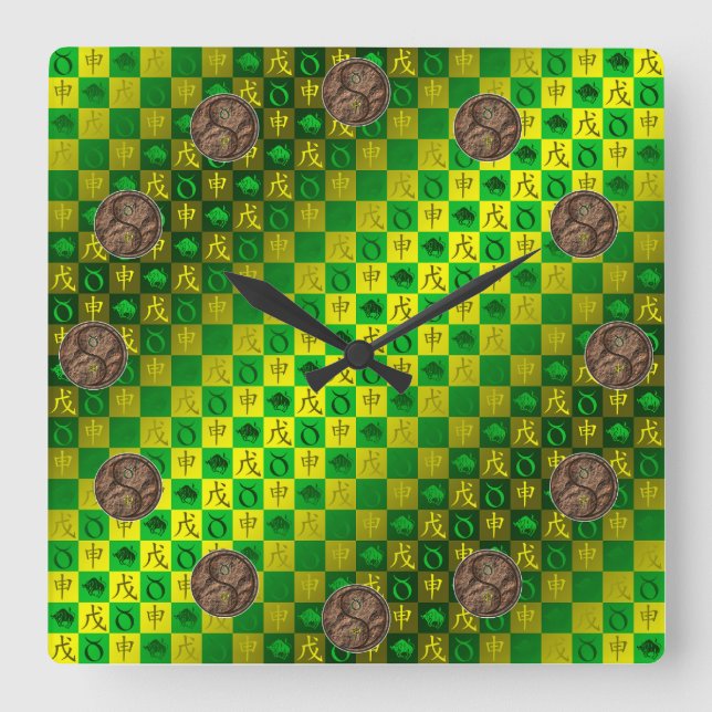 Horloge Carrée Taureau & Singe de Terre (Recto)