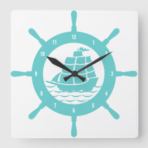 Horloge Carrée Teal and White Nautical