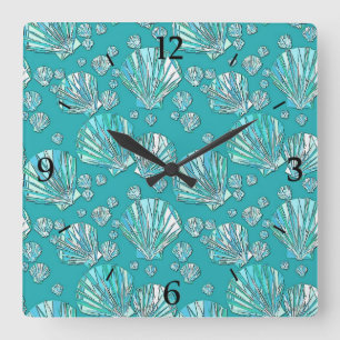 Horloge Carrée Teal, coquilles de mer de seafoam, arrière - plan