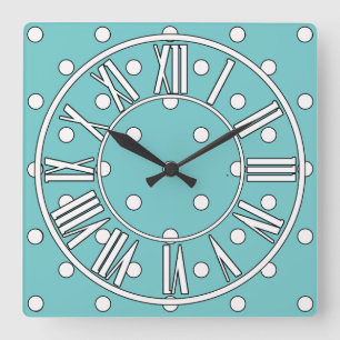 Horloge Carrée Teal doux avec les points blancs et l'horloge