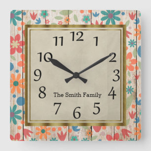 Horloge Carrée Teinte personnalisée orange rouge floral sur bois 