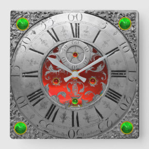 Horloge Carrée Temps antique, Shamrocks, Ruby Gemstones Argent