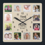 Horloge Carrée Temps Modèle photo Personnalisé 12 Avec Citation F<br><div class="desc">Horloge photo personnalisée avec la citation familiale inspirante "Le temps passé avec la famille vaut chaque seconde". Personnalisez avec 12 de vos photos de famille préférées.</div>