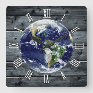 Horloge Carrée Temps pour la planète Terre, bois rustique branché
