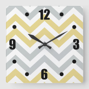 Horloge Carrée Tendance Motif Chevron Jaune Et Gris
