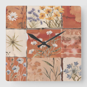 Horloge Carrée Terracotta Patchwork de Fleurs Sauvages Bohème Rus