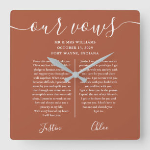 Horloge Carrée Terracotta Script Ses Vows Et Ses Vows Mariages