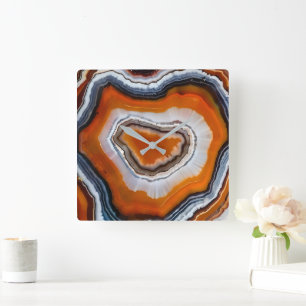 Horloge Carrée Terre cuite orange Grise Noir Blanc Agate Géode