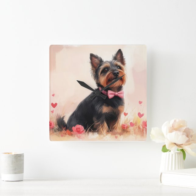 Horloge Carrée Terrier Australien avec des Roses - Saint-Valentin (Maison)