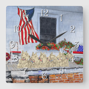 Horloge Carrée Terriers écossais roux patriotiques