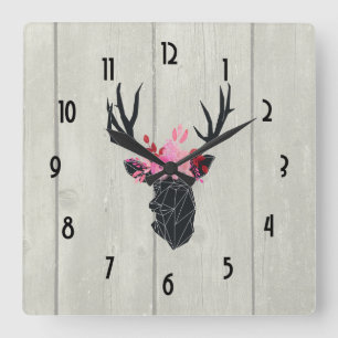 Horloge Carrée Tête de cerf géométrique avec couronne florale
