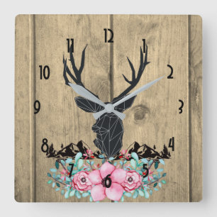 Horloge Carrée Tête de cerf noir avec Fleurs et Montagnes roses