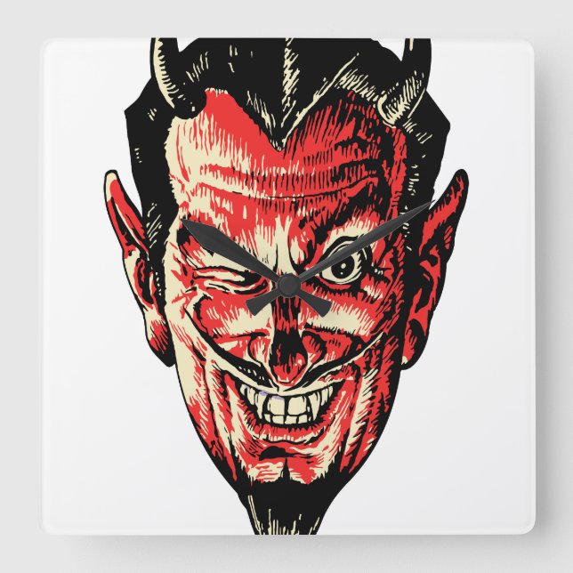 Horloge Carrée Tête vintage du diable rouge d'Halloween (Recto)