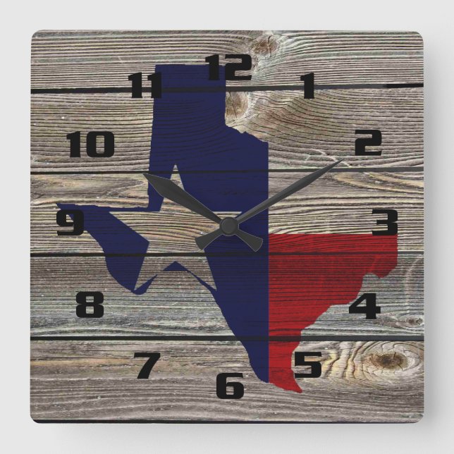 Horloge Carrée Texas rustique sur bois d'aspect authentique (Recto)