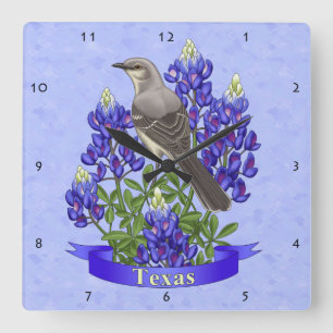 Horloge Carrée Texas State Mockingbird & Bluebonnet Flower