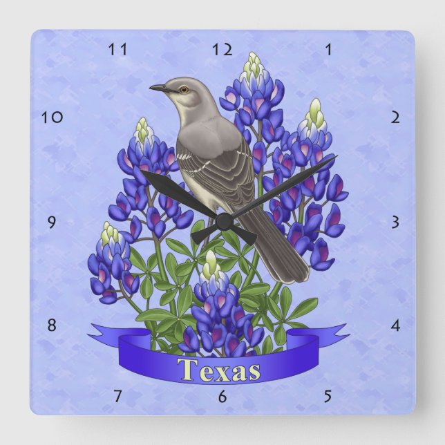 Horloge Carrée Texas State Mockingbird & Bluebonnet Flower (Recto)
