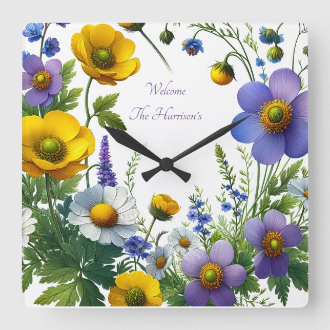 Horloge Carrée Texte de la personnaliser de fleurs violet et jaun (Recto)