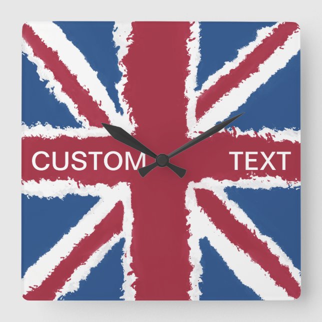 Horloge Carrée Texte personnalisé Union Jack Drapeau Art par Heva (Recto)