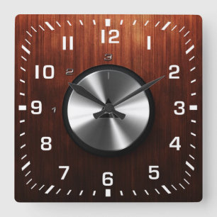 Horloge Carrée Texture en acier et bois brillant réaliste moderne