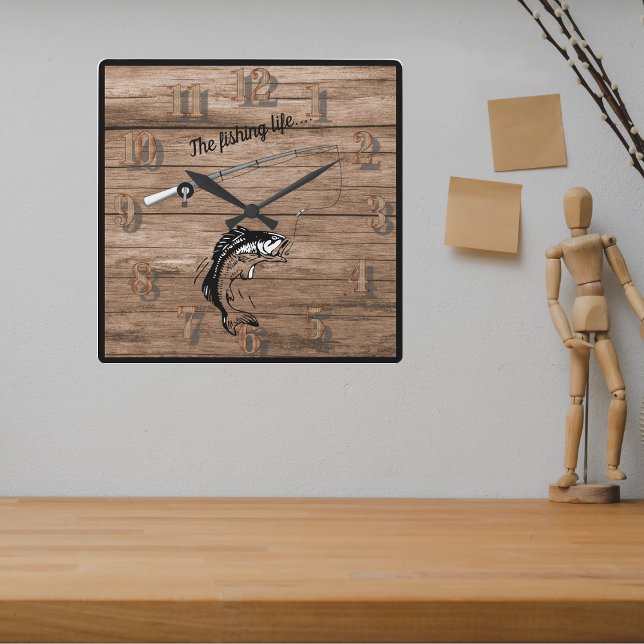 Horloge Carrée The Fishing Life with Fish Rod Reel Line Hook  (Créateur téléchargé)