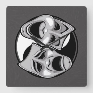 Horloge Carrée Théâtre comique et tragique Masques Yin Yang Desig