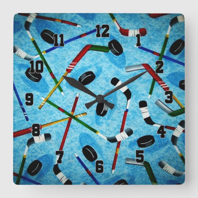 Horloge Carrée Thème de hockey sur glace bleu (Recto)