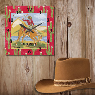 Horloge Carrée Thème du Far West sauvage, Art de rodéo de cow-boy
