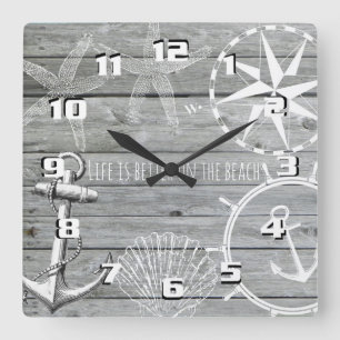 Horloge Carrée Thème Nautique Vintage Bois Rustique La Vie est Mi