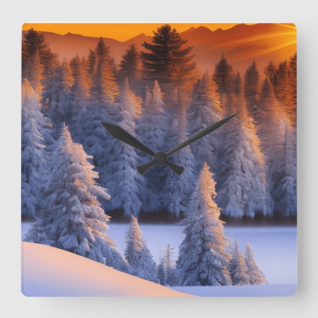Horloge Carrée Thème Sunrise de la forêt d'hiver (Recto)