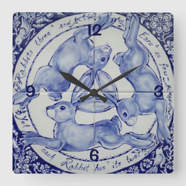 Horloge Carrée Three Hares Rabbit Blue et White Medallion Bird (Recto)