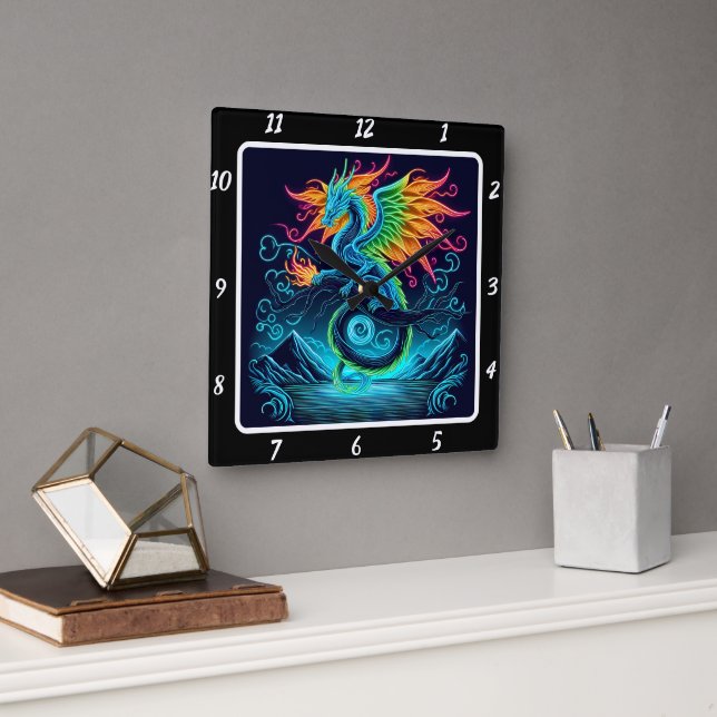 Horloge Carrée Thunderstorm Neon Dragon Survol (Bureau)