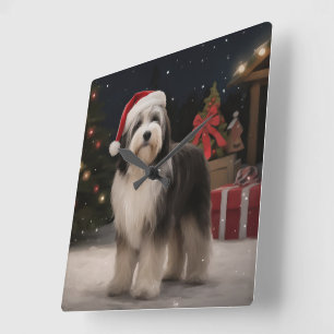 Horloge Carrée Tibetan Terrier dans la neige à Noël 
