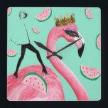 Horloge Carrée Tickled pink & Teal Flamingo cute pop art clock<br><div class="desc">A fresh bright joyful flamingo print designed à Edimbourg,  UK.</div>