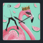Horloge Carrée Tickled pink & Teal Flamingo cute pop art clock<br><div class="desc">A fresh bright joyful flamingo print designed à Edimbourg,  UK.</div>