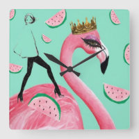 Tickled pink & Teal Flamingo cute pop art clock