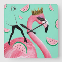 Tickled pink & Teal Flamingo cute pop art clock