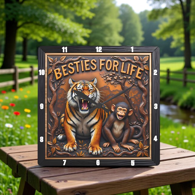 Horloge Carrée Tiger Monkey Besties Jungle (Créateur téléchargé)